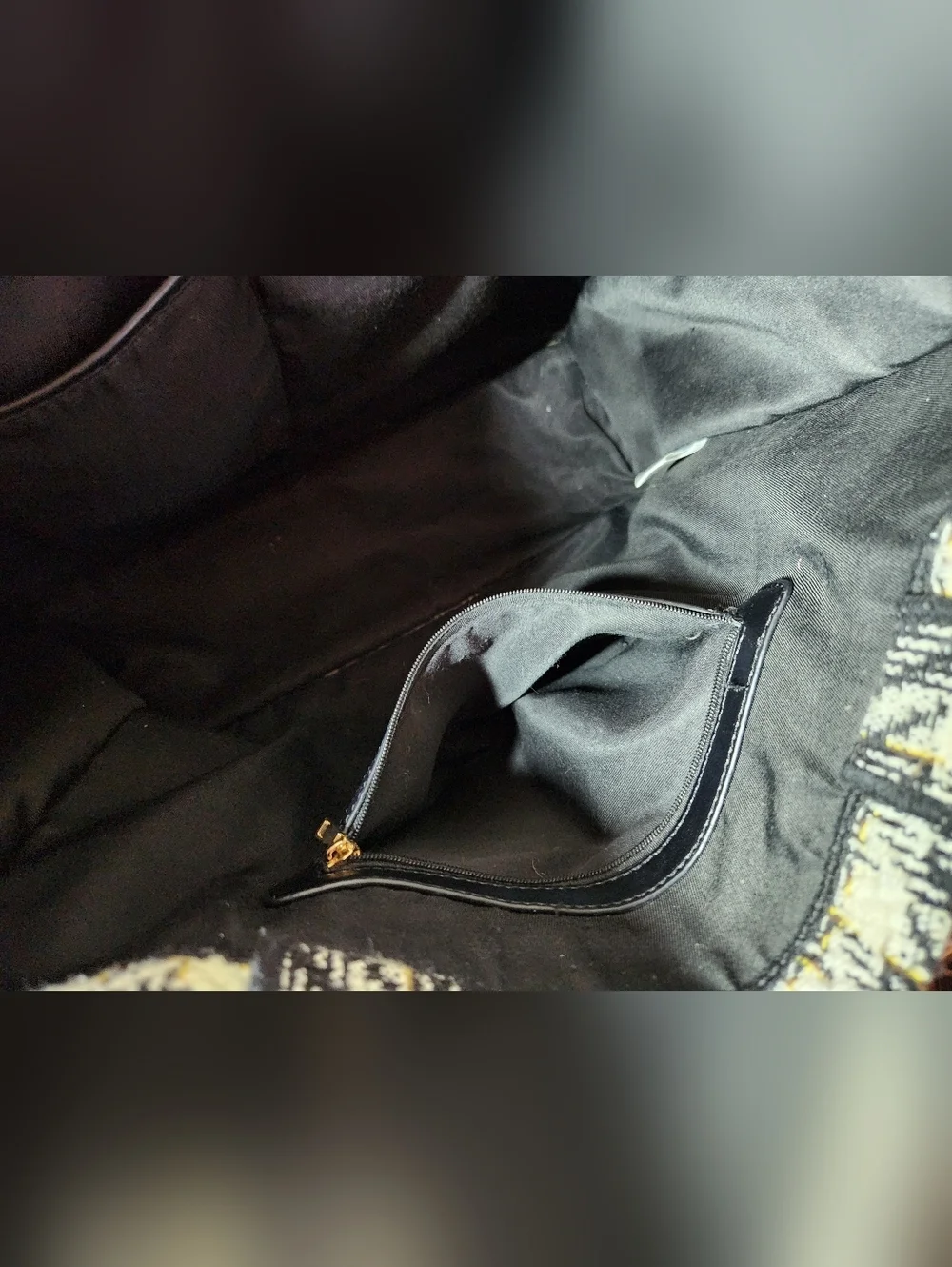 Black, Cream & Yellow Tweed Plaid Check Work Office Tote With Smiley Face
